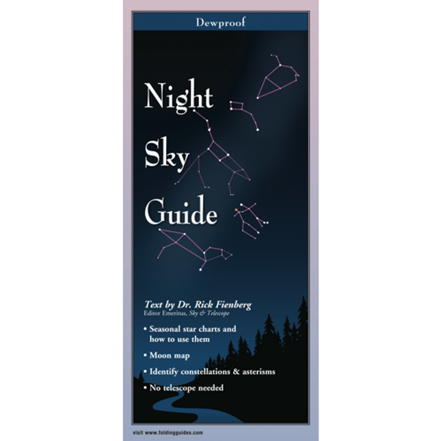 Cover of the Night Sky Guide showing a starry sky with illustrations of constellations and celestial objects, and text detailing its features.