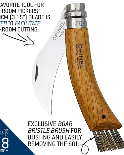 an info graphic showing the No. 08 Mushroom knife partially folded with descriptive text: "The favorite tool for mushroom pickers! The blade is curved to facilitate mushroom cutting - Exclusive boar bristle brush for dusting and easily removing the soil"