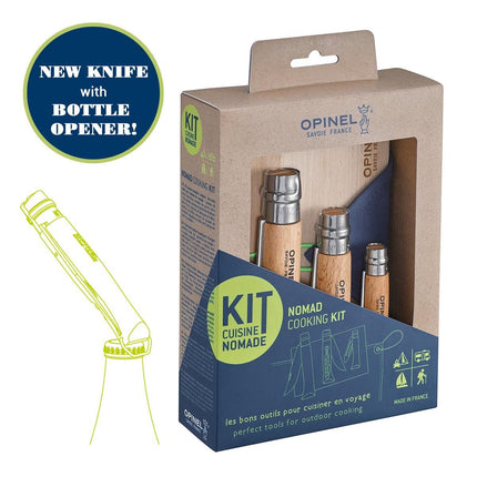 The Nomad Cooking kit in package with info graphic showing that the new knife includes a built-in bottle opener