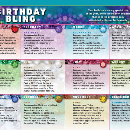 a chart with each month of the year and corresponding birthstones titled "Birthday Bling"