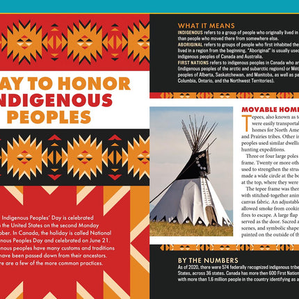 an interior spread with indigenous art and a photo of a teepee with an article titled "A day to honor indigenous peoples"