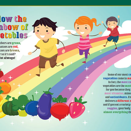 an illustration of a rainbow in the sky with children running along it towards frtuis and veggies that correspond with the colors of the rainbow with text "Follow the Rainbow of Vegetables"