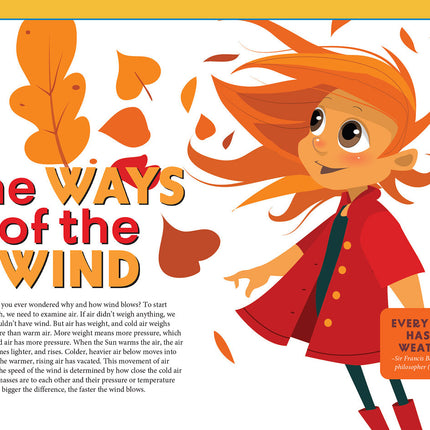 an illustration of a girl with windblown hair and leaves flying around her with an article titled "the ways of the wind"
