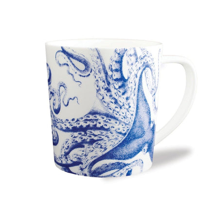 White Mug with blue octopus design on a white background