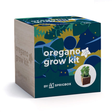 A square product box for an oregano grow kit by Sprigbox, shown on a clean white background. The box features a dark teal front with abstract botanical illustrations in blue, yellow, and green, white text reading 'oregano grow kit,' and a small circular photo of a potted oregano plant.