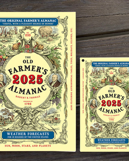 The Easy to Read Almanac alongside the classic Almanac showing that the Easy to Read edition is about 30% larger than the other