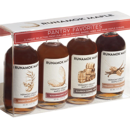 a clear gift package of 4 small bottles of maple syrup from the pantry favorites collection