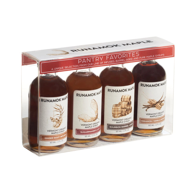 a clear gift package of 4 small bottles of maple syrup from the pantry favorites collection