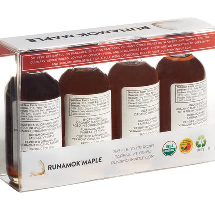 a back view of the clear gift package of 4 small bottles of maple syrup from the pantry favorites collection