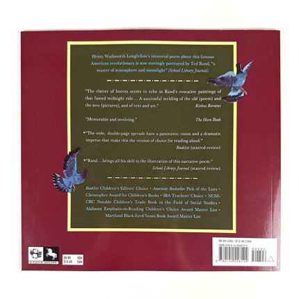 Back cover of a book with text and bird illustrations on a red background