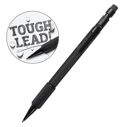 a full view of the black mechanical clicker pencil with circle showing close up of the thick lead