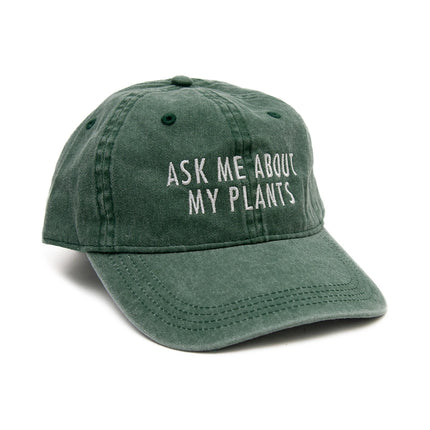 Green cap with 'Ask Me About My Plants' text on a white background
