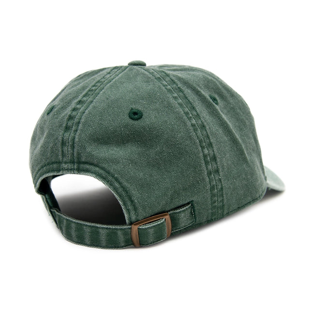 Green baseball cap with a brown strap on a white background