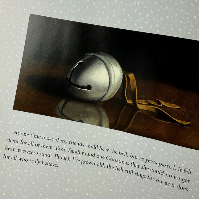 Interior Page of the Polar Express with illustration still life painting of a bell with a reflective surface and text overlay