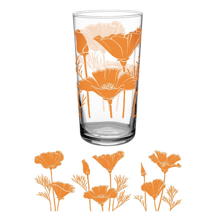 a clear glass tumbler printed with vintage inspired orange poppy flower print above a full wrap of the artwork