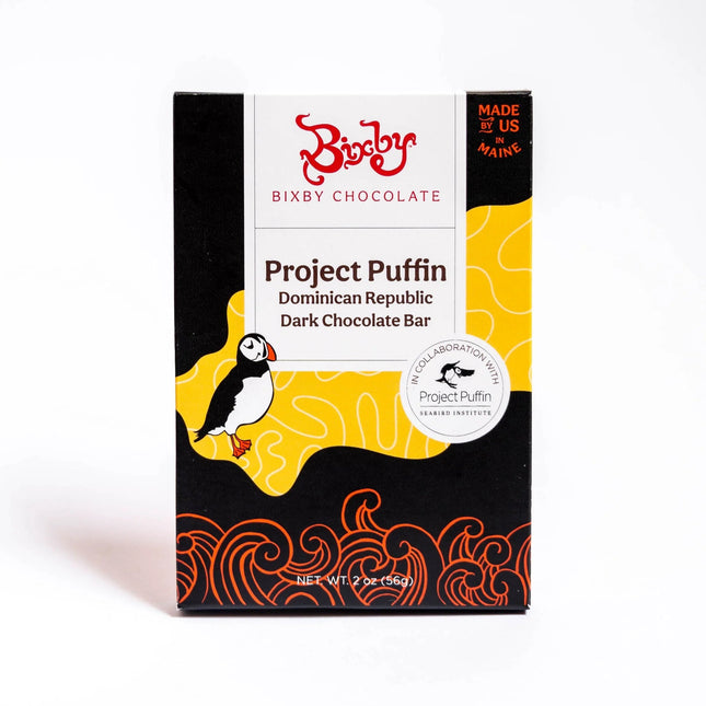 Bixby Chocolate Project Puffin Dominican Republic Dark Chocolate Bar packaging on a white background