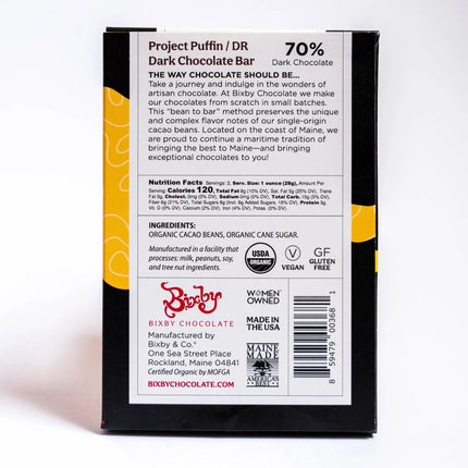 Back of a Bixby Chocolate bar packaging with nutritional information and branding.