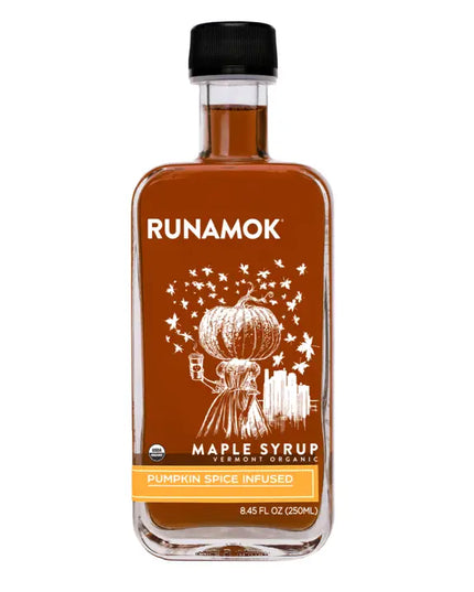 Bottle of Runamok Maple Syrup with pumpkin spice flavor on a white background