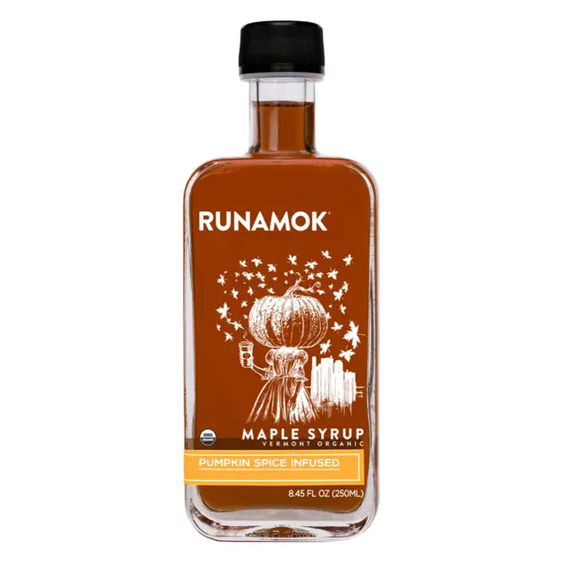 Bottle of Runamok Maple Syrup with pumpkin spice flavor on a white background