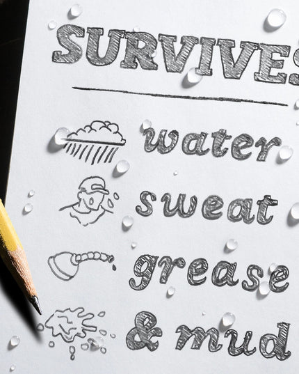 a sample page of the notebook with illustration of what the notebook will survive including: water, sweat, grease, and mud