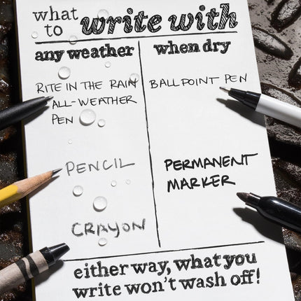 a sample page surrounded by writing implements that can be used on the paper including rite in the rain all weather pen, pencil, crayon for use when wet, and ballpoint p