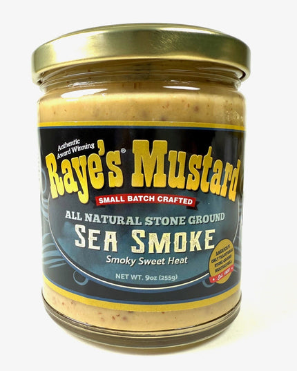 Jar of Raye's Mustard Sea Smoke on a white background
