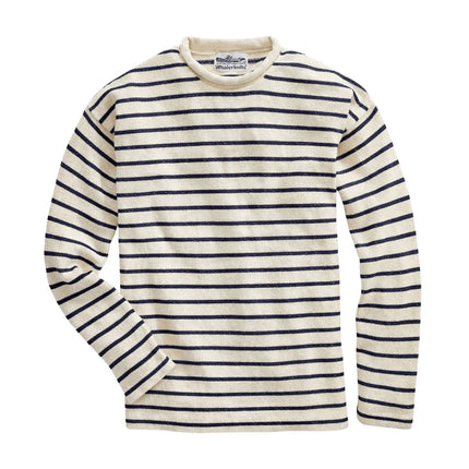 Nautical-style striped rollneck sweater on a white background