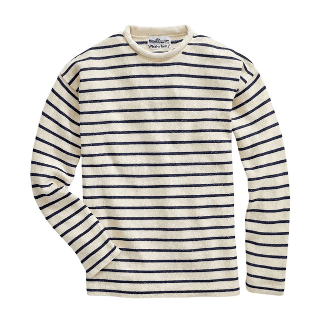 Nautical-style striped rollneck sweater on a white background