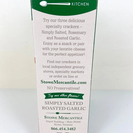 Stowe Mercantile Kitchen Rosemary Crackers side of box with brand story