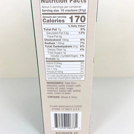 Stowe Mercantile Kitchen Rosemary Crackers side of box with nutrition facts and ingredients