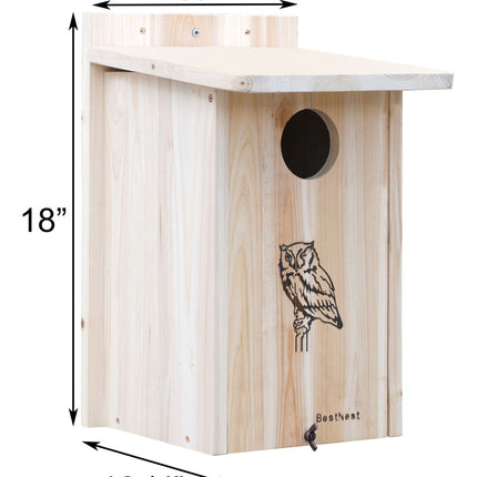 the screech owl house with measurements alongside the image: 18 inches in height, 11 inches wide, 12.5 inches deep