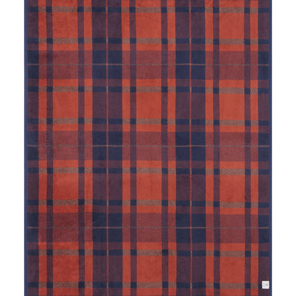 The back of the Sebago Tartan blanket showing the full size and navy, rust, and desert red color scheme