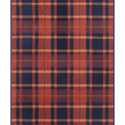 The front of the Sebago Tartan blanket showing the full size and navy, rust, and desert red color scheme