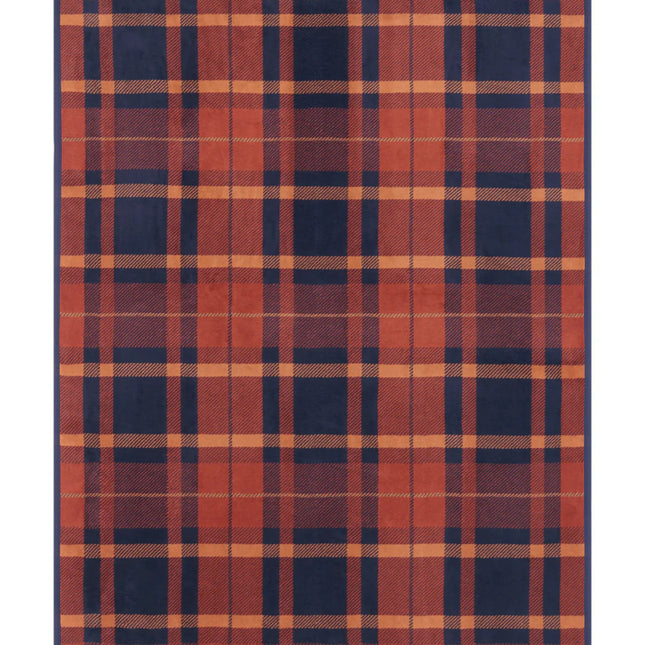 The front of the Sebago Tartan blanket showing the full size and navy, rust, and desert red color scheme