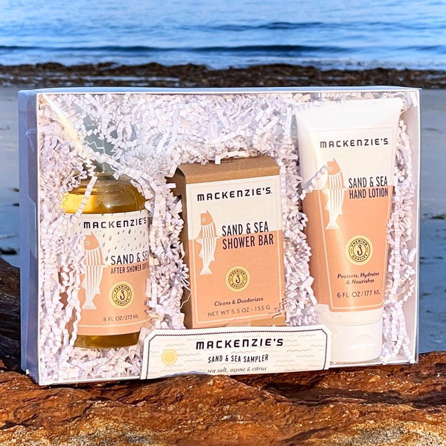 The Sand and Sea sampler products in gift packaging