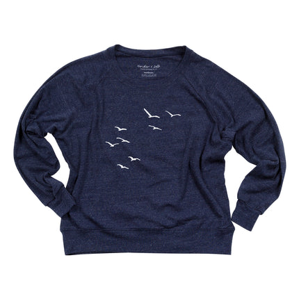 Navy blue sweatshirt with white bird illustrations on a white background