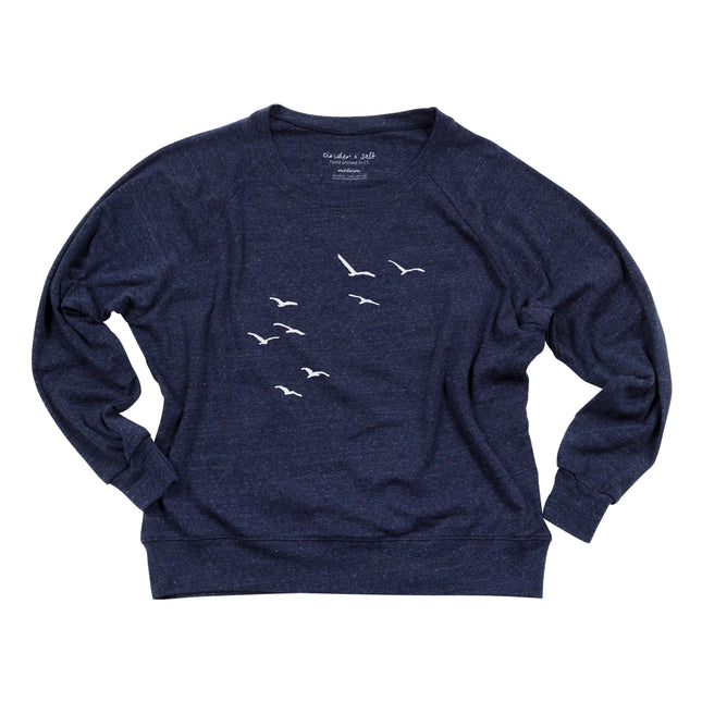 Navy blue sweatshirt with white bird illustrations on a white background