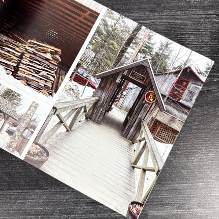 Collage of images showing a wooden cabin with a porch and surrounding trees.