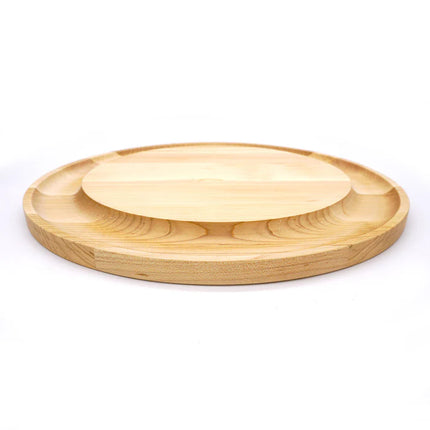 wooden serving board with a cracker well on a white background