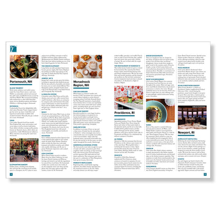 interior page of the Where to Eat Guide featuring restaurants in Portsmouth, NH, Monadnock Region, NH, Providence, RI, and Newport, RI