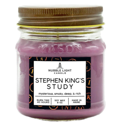 Candle jar labeled 'Stephen King's Study' by Nubble Light Candle on a white background