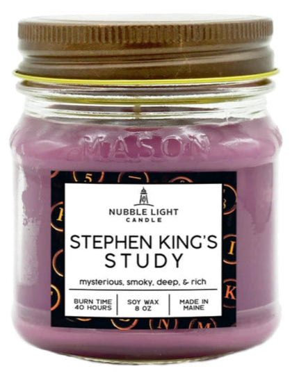 Candle jar labeled 'Stephen King's Study' by Nubble Light Candle on a white background