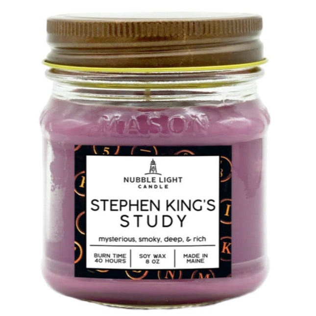 Candle jar labeled 'Stephen King's Study' by Nubble Light Candle on a white background