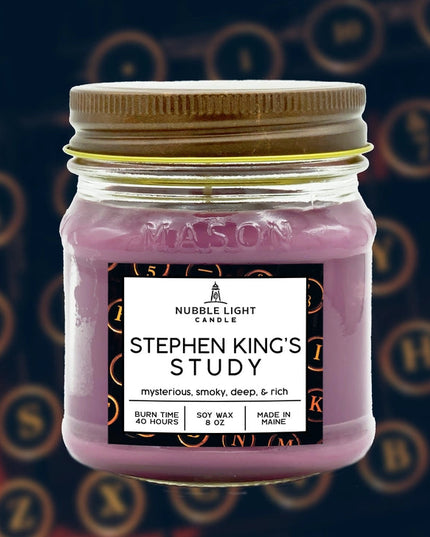Stephen King's Study candle in mason jar with typewriter background