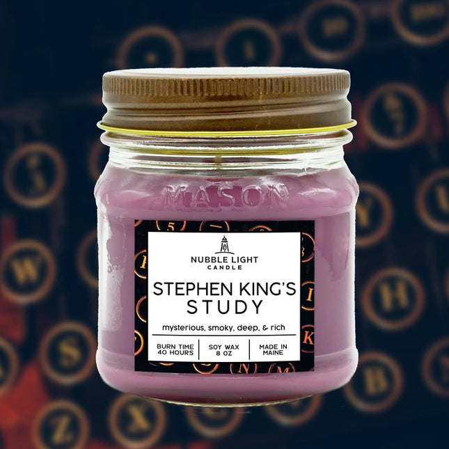 Stephen King's Study candle in mason jar with typewriter background