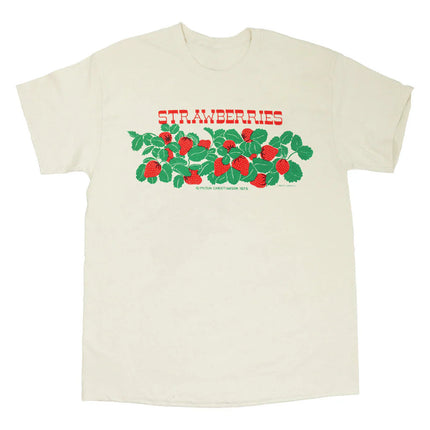 an off white t-shirt with vintage strawberries text and illustration