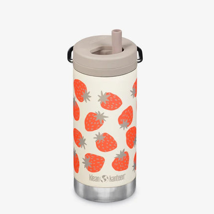 Insulated bottle with strawberry pattern on a white background