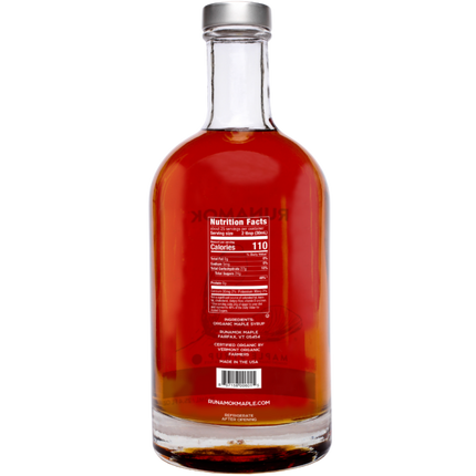 the back view of the Sugarmaker's Cut maple syrup bottle showing the nutrition facts and company info