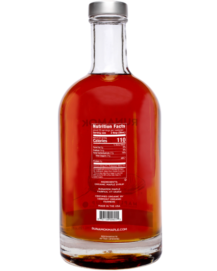 the back view of the Sugarmaker's Cut maple syrup bottle showing the nutrition facts and company info