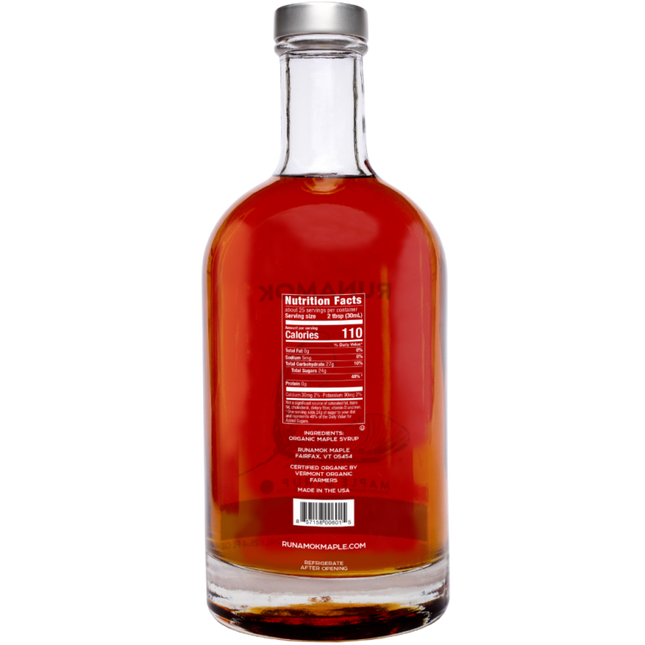 the back view of the Sugarmaker's Cut maple syrup bottle showing the nutrition facts and company info